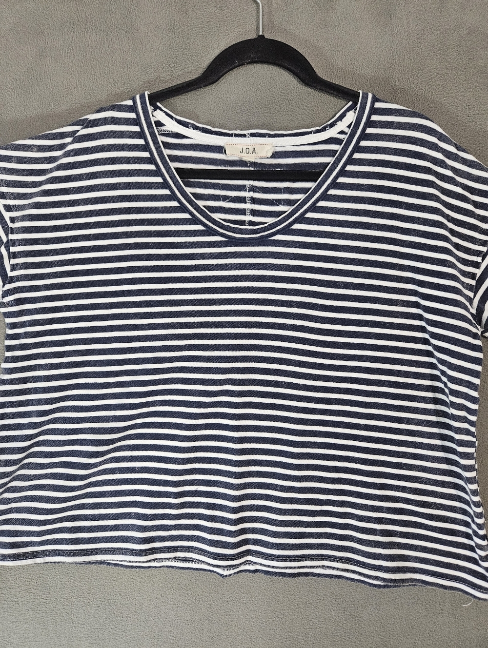 JOA Womens Crop Tee Shirt Large Oversized Lagenlook Blue Striped Scoopneck Boho - Picture 2 of 8